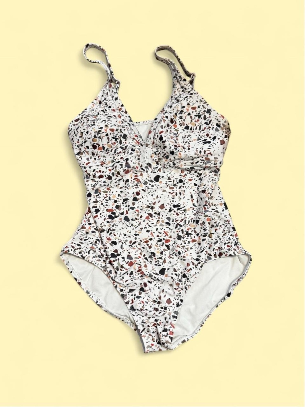 Terrazzo-Print One-Piece Swimsuit in White with Multicolor Speckles